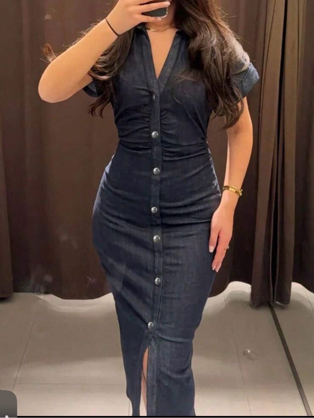 MICAS Classic Button-Front Dark Blue Denim Midi Dress with Zipper on side: SizeM